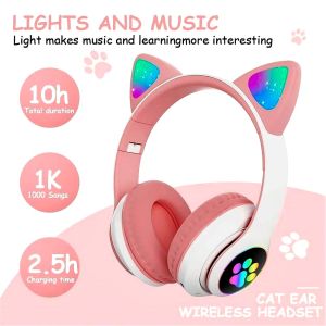 STN-28 Earphones Bluetooth 5.0 Cute Cat Ear Light Up Wireless Over-Ear Headphones High Quality Earbuds Compatible with Multiple