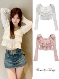 เสื้อเชิ้ตผ้าชีฟองแขนยาวทรงหลวมสำหรับผู้หญิงในฤดูใบไม้ผลิและฤดูร้อน 2024 เสื้อคาร์ดิแกนแขนสั้นป้องกันแสงแดดแบบเซ็กซี่