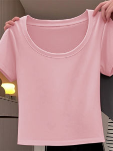 Pink U-Neck Short Sleeve Slim Fit T-Shirt Womens Summer New Korean Style Casual Pure Color Top Versatile Comfortable Cotton Blend