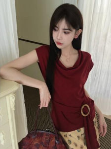 YUEZHONGWEI | Áo thun dệt kim tay ngắn màu đỏ ôm vừa vặn cổ chữ V thời trang mùa hè cho nữ Áo thun tay ngắn cổ chữ V ôm vừa vặn kiểu Pháp