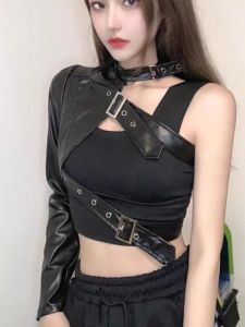 Semi-Body Motorcycle Leather Single Shoulder Sleeve Top for Female Dance Teams Stage Performance Outfit Jazz Style Lead Dancer