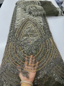 African Tulle Lace Fabric 2026 French Sequins Fabric Sewing Embroidery With Beaded Lace Tulle Mesh Nigeria Dress 5 Yards AT2910