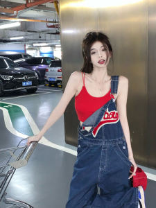 สไตล์อเมริกัน สูง เอว ผ้ายีนส์สีน้ําเงิน ชุดเอี๊ยม ผู้หญิง พลัสไซส์ กางเกงขากว้าง ฤดูร้อน พรางหุ่น กางเกงขายาว ทันสมัย กางเกงยีนส์