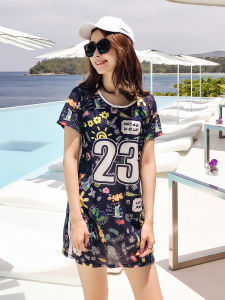 Womens Two-Piece Swimsuit Conservative Belly Cover up Sporty Thermal Large Size Swimwear UV Protection round Neck Short Sleeve