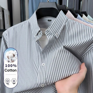 100% Cotton Mens Long Sleeve Stripe Shirt | Business Casual Button-Down Collar Regular Fit