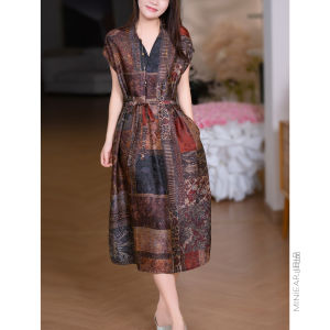 XIAOER | Đầm Ôm Dáng V-neck Có Đai Thiết Kế Tay Nối Dày Họa Tiết Sơn Dầu