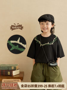 Pure Cotton Short Sleeve T-Shirt for Boys Black Color Block Summer New Arrival Childrens Clothing Korean Style Loose Fit
