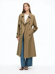 DUSHU | Classic Khaki Color Double Breasted Long Trench Coat Loose Outerwear