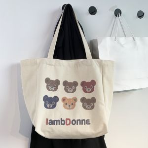 Large Capacity Canvas Shoulder Bag Womens Yoga Sports Book Bag Tote Bag Casual Versatile Artistic Bear Handbag