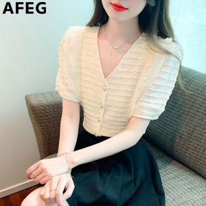 AFEGs new Korean version of V-neck peplum fashion loose temperament chiffon bubble sleeve blouse for women