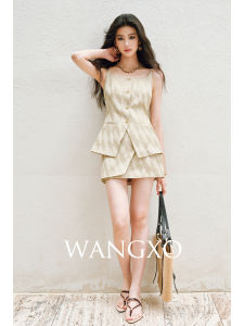 WANGXO | Bộ Áo Thun Cổ U Siết eo và Chân Váy Ngắn Kiểu Caro từ Vải Linen Thoáng Khí
