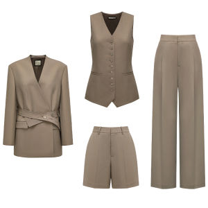 Red Label Marzotto Fine Spun Wool Suit Set by Annaspeak Commute Style Straight Cut Long Sleeve V Neck Regular Thickness Pure Color