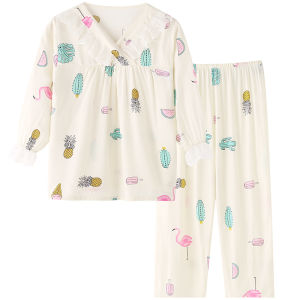 Girls Silk Cotton Pajamas Long Sleeve Home Clothes Set Summer Air Conditioner Suit Childrens Wear Comfortable Soft Fabric