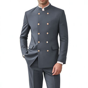 Mens Wedding Suits Stand Collar Double Breasted Tuxedo 2PCS Groom Business Suit Blazer Pants Male Outfits for Dinner Party