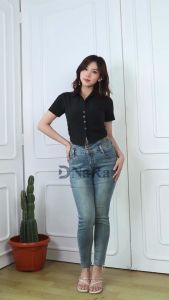 DNaRa - Fuji Top Pendek Kemeja lengan pendek wanita gaya Korea atasan kemeja crop top kancing perut gadis seksi