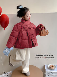 เสื้อแจ็คเก็ตผ้าฝ้ายหนาสำหรับเด็กผู้หญิง ฤดูหนาว 2025 เสื้อผ้าเด็กฤดูหนาวใหม่ เสื้อผ้าสำหรับต้อนรับปีใหม่ สีแดง เสื้อผ้าเด็ก แฟชั่น