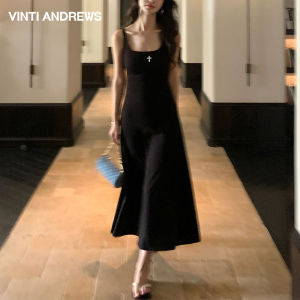 Black V-Neck Padded Slip Dress Long