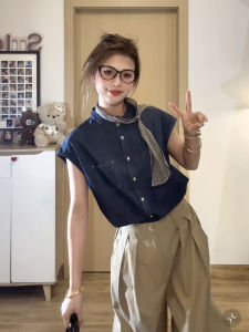 เสื้อเชิ้ตยีนส์สีน้ำเงินแขนสั้นทรงหลวมสไตล์ญี่ปุ่นย้อนยุคสำหรับผู้หญิงในช่วงฤดูร้อน เสื้อเชิ้ตแขนสั้นบาง ทรงเข้ารูป ทรงเข้ารูป