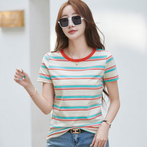 Women Short Sleeve Round-neck T-shirt Casual Tee Stripe Tops 100% Cotton