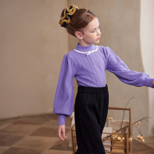 Little Naive | Knitted Bow Tie Contrast Color Girls Sweater