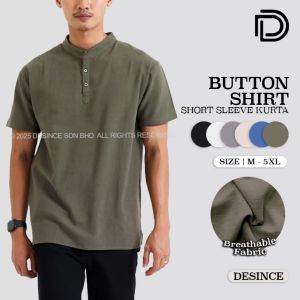 🇲🇾 DESINCE Men Kurta Button Shirt Top Casual Short Sleeve Plain Solid Color T-shirt Baju Lengan Pendek Lelaki MT 075