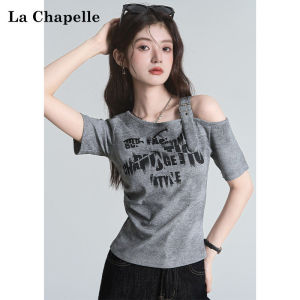 La Chapelle | Letter Print Slanted Neck Off-Shoulder Short Sleeve T-Shirt Grey