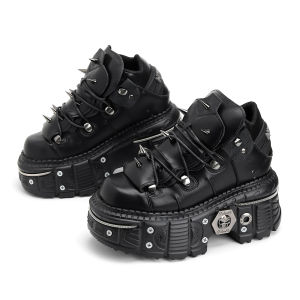 Giày Bốt Cổ Ngắn Nữ Phong Cách Punk Dây Buộc Gót Cao 6CM Đế Platform Giày Thể Thao Rock Trang Trí Kim Loại Giày Nữ Gothic Mũi Tròn