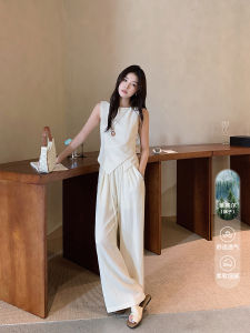 Ms.Daoge French Style Tencel Set Summer Womens Design Wide Leg Pants Cotton Linen Simulation Two Piece Set Breathable Casual Wear