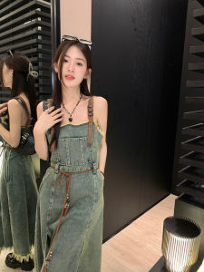 American Retro Denim Dress Women Summer Waist Cinching Slimming Design Long Tassel Strapless A-Line Dress Korean Style
