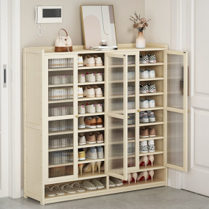 🔥Ready Stock🔥Bamboo Shoe Cabinet Cream Dustproof Shoe Rack Multi-Layer Acrylic Door Shoe Cabinet Large Capacity
