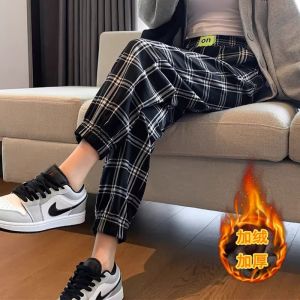 กางเกงขายาวลายสก็อตทรงหลวมสไตล์เกาหลีสำหรับผู้หญิง กางเกงขายาวทรงหลวมสบาย ๆ ฤดูใบไม้ร่วง ฤดูหนาว กางเกงขายาวทรงสลิมฟิต ทรงหลวม ทรงฮาราจูกุ