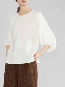 Casual Silk Lantern Sleeve T-Shirt Easy to Maintain True Silk Dry Thread round Neck Minimalist Top  Silk Lantern Sleeve
