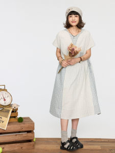 HOTHORSE Volcanic Horse Retro Patchwork Plaid Modified Naval Collar Belted Loose Slimming Casual Dress Summer Midi Skirt