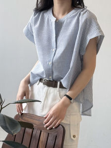 Blue Striped Short Sleeve Womens Shirt Summer Commute Style round Neck Cotton Linen Simulation Sleeveless Top Korean Loose Fit