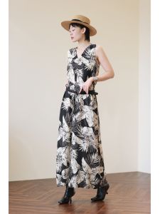 Vacation Style Sand Wash Silk Double Gauze Print Front And Back Two Wear Long Dress  Silk French Straight Tube Skirt Vest Dress
