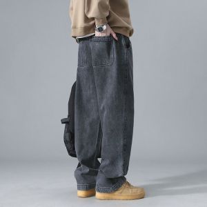 Thickened Fleece Autumn Winter Mens Jeans Loose Wide Leg Workwear Trousers Durable Cotton Stretch Straight Cut Youth Style