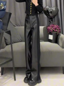 Black Spliced High Waist Slimming Straight Leg Casual PU Pants Womens Spring Summer New Style Fashionable Wide Leg Trousers