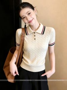 Vintage Contrast Color Polo Neck Knit Top