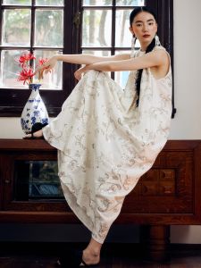 Silver Moonlight New Chinese Style Linen Beaded Embroidery Holiday Dress Long Skirt Loose Waist No Sleeve A-Line Summer Dress