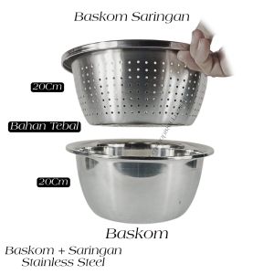 Baskom Peniris Stainless Steel tebal Lengkap Saringan Baskom Lubang Multifungsi