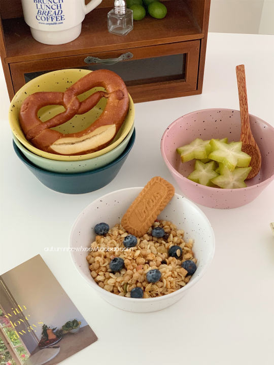 Ceramic Yogurt Bowl with Spoon Oats Salad Bowl Instant Noodles Bowl Home Use Breakfast Bowl Korean Style Plain Color Bowl
