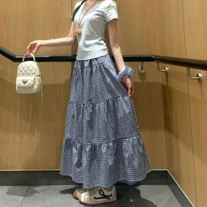 LANMENGYA | Blue Plaid A-line Skirt Small Size Puff High Waist