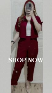 Kemeja Crop One Set Wanita Tangan Serut Korean Style Warna Maroon Setelan OOTD Bahan Crinkle Premium