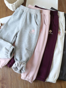 Girls Fleece Lined Casual Pants Autumn Winter Integrated Velvet Sweatpants Children Warm Long Trousers Cotton Polyester Blend