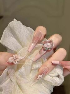 Handmade Long French Style Pink Edge Cat Eye Diamond Pure Desire Nail Tips Wearable Artificial Nails 3D Flower Design Nail Art