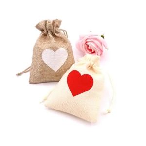 10x14cm Natural Burlap Drawstring Bags Heart Printed Cotton Drawstring Xmas Home Party Craft Gift Festive Supplies 10Pcs/Lot