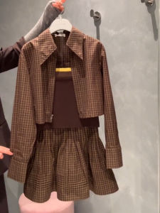 DANTING | Vintage Plaid Shirt and Skirt Set Women Slim Fit Easy to Match