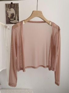 Elegant Short Sleeveless Cardigan Womens Summer Lace Shirt Sun Protection Thin Mesh Cool Top Outerwear V-neck Hollow out