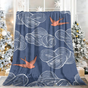 Beast Kingdom | Navy Coral Cloud Swallow Line Art Flannel Blanket Soft Fuzzy Plush Cozy Warm Throw for Sofa Bed Couch Home Decor