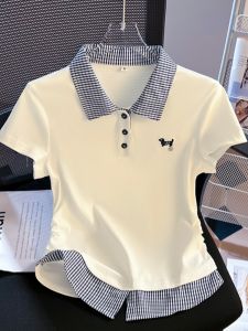 Slim Fit Polo Neck Short Sleeve T-Shirt Womens Summer Unique Design Plaid Patchwork Fake Two-Piece Style Korean Commute Style